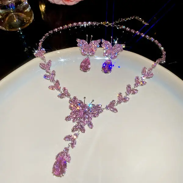 Zircon Butterfly Flower Water Drop Pendant Earrings Necklace (Set of Two),tkmbeautysupply.com