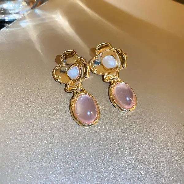 7# Gold Silver Needle Medium Cuban Roque Pearl Resin Oval Flower Earrings,tkmbeautysupply.com
