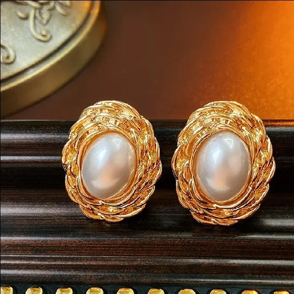 16# silver needle gold oval pearl earrings,tkmbeautysupply.com