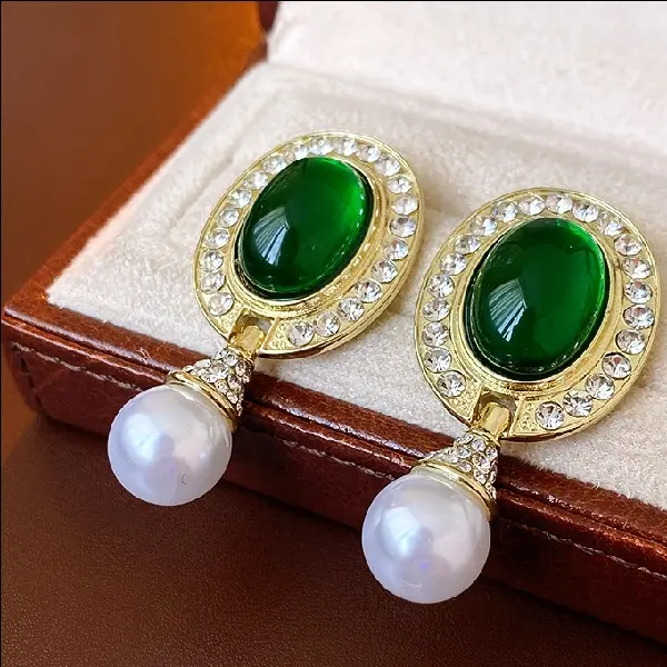 18# Silver Needle Medieval Diamond Resin Pearl Oval Earrings,tkmbeautysupply.com
