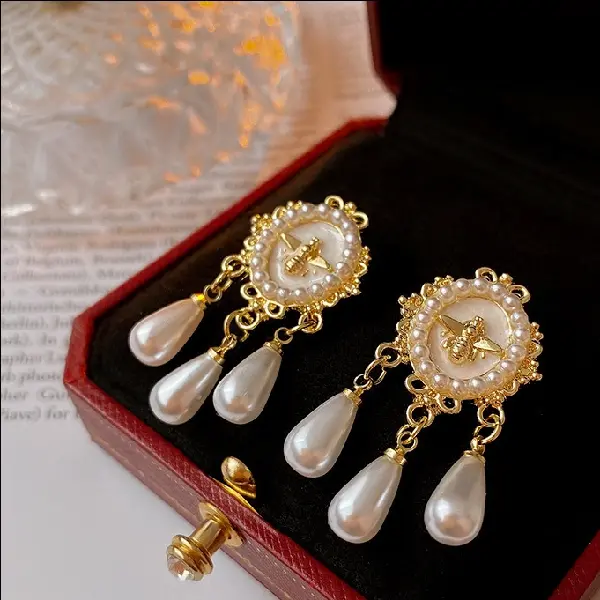 24# Silver Needle Oval Bee Pearl Water Drop Tassel Earrings,tkmbeautysupply.com