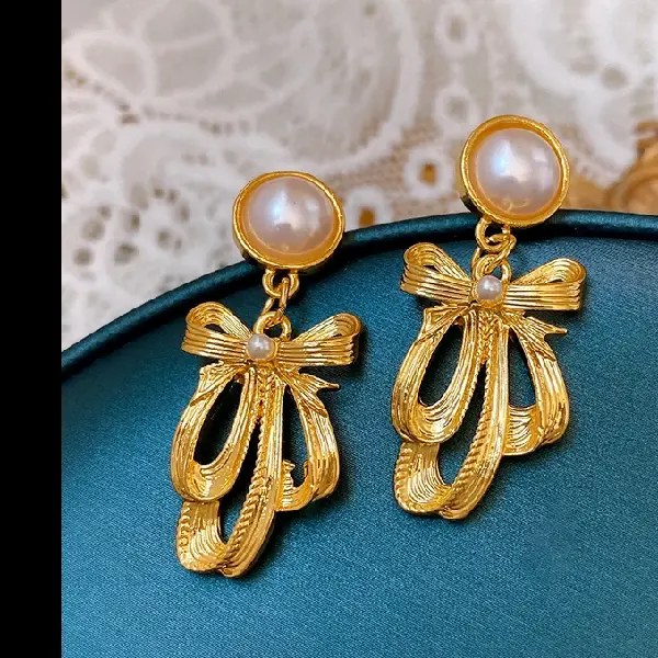 27# silver needle pearl bow earrings,tkmbeautysupply.com