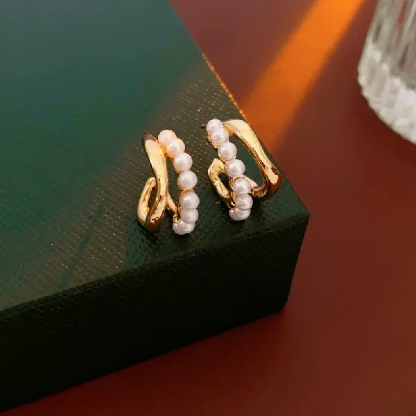 45# steel needle-golden pearl C-shaped double layer stud earrings,tkmbeautysupply.com