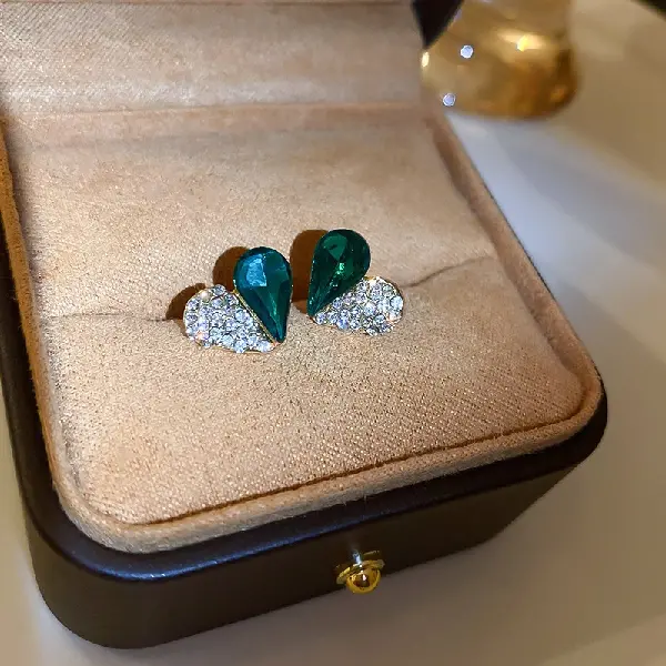 50# Steel Needle-Green Diamond Love Stud Earrings,tkmbeautysupply.com