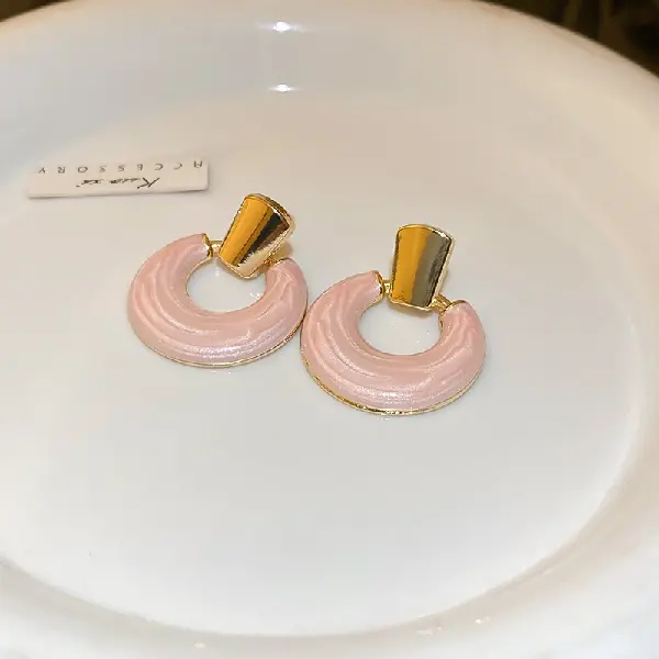 57# Steel Needle-Pink Oil Drop Circle Earrings,tkmbeautysupply.com