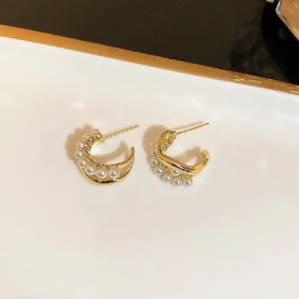 63# Silver Needle-Golden Pearl C-shaped Double Layer Stud Earrings,tkmbeautysupply.com