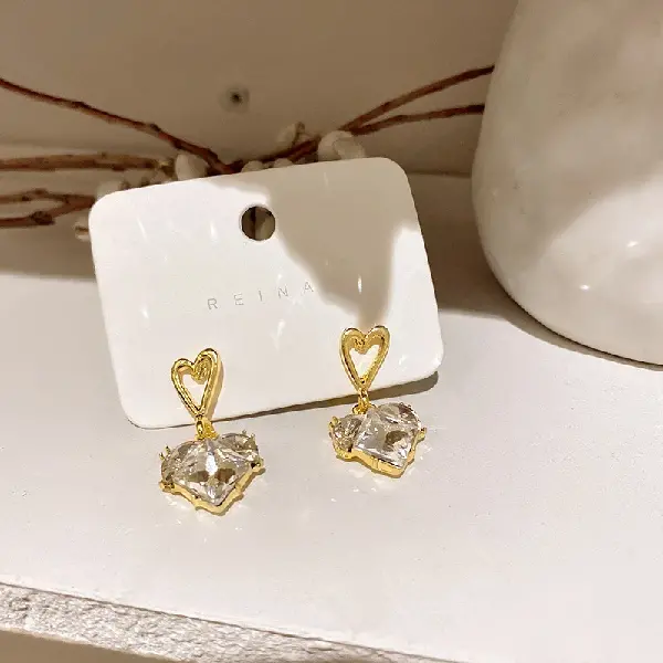 66# Silver Needle-Golden Zircon Love Earrings,tkmbeautysupply.com