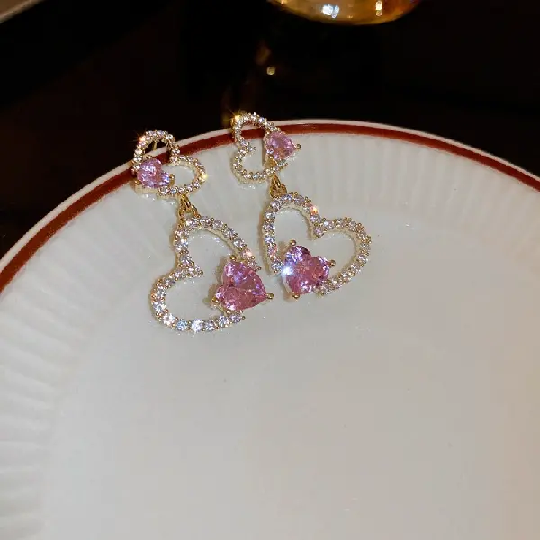 67# Silver Needle-Pink Diamond Love Stud Earrings,tkmbeautysupply.com
