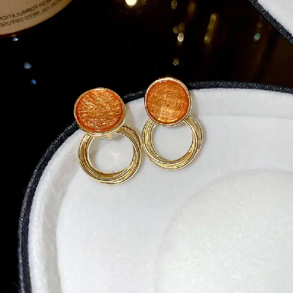 72# Silver Needle-Orange Round Stud Earrings,tkmbeautysupply.com