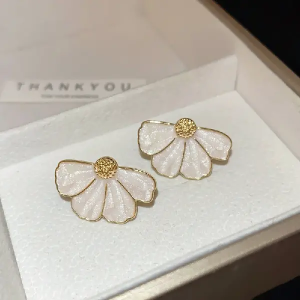 81# Silver Needle-White oil dripping flower petal earrings,tkmbeautysupply.com
