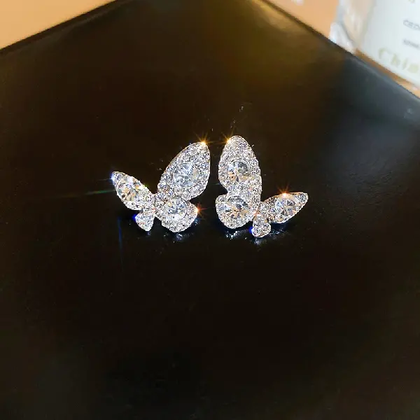 92# steel needle-silver diamond butterfly earrings,tkmbeautysupply.com