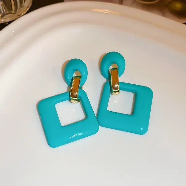 94# Silver Needle-Green Diamond Shape Earrings,tkmbeautysupply.com