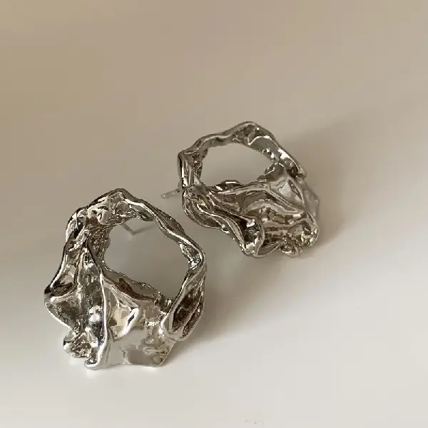 97# Silver Needle-Silver Irregular Pleated Hollow Stud Earrings,tkmbeautysupply.com