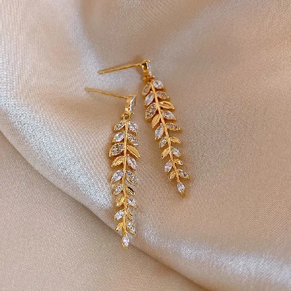 100# Silver Needle-Golden Wheat Earrings with Diamonds,tkmbeautysupply.com