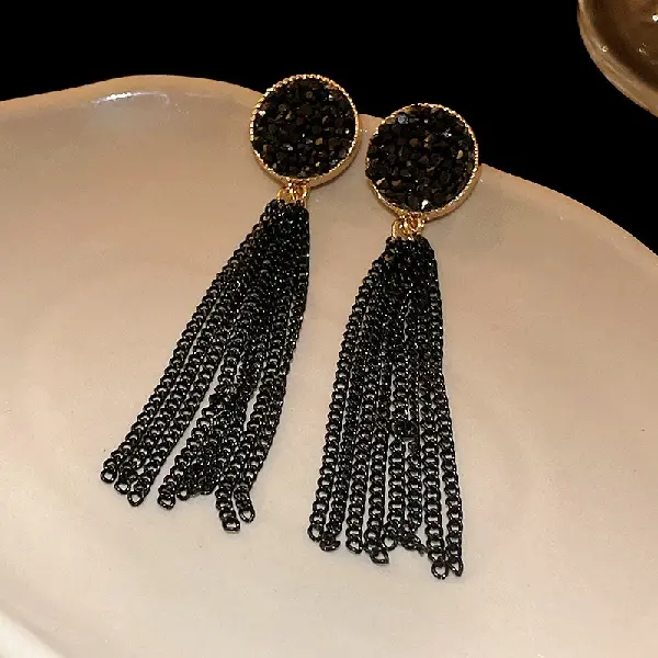 103# Steel Needle-Black Chain Tassel Stud Earrings,tkmbeautysupply.com