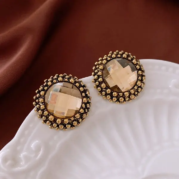 106# Silver Needle-Golden Diamond Round Flower Stud Earrings,tkmbeautysupply.com