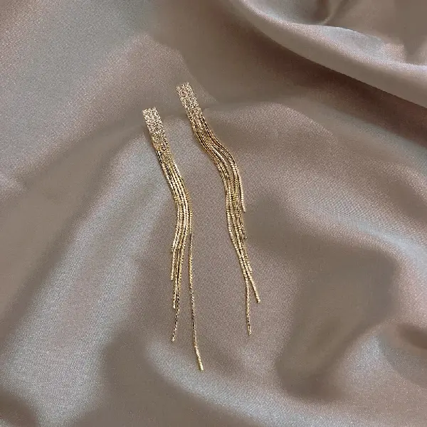 109# Silver Needle-Golden Diamond Tassel Earrings,tkmbeautysupply.com