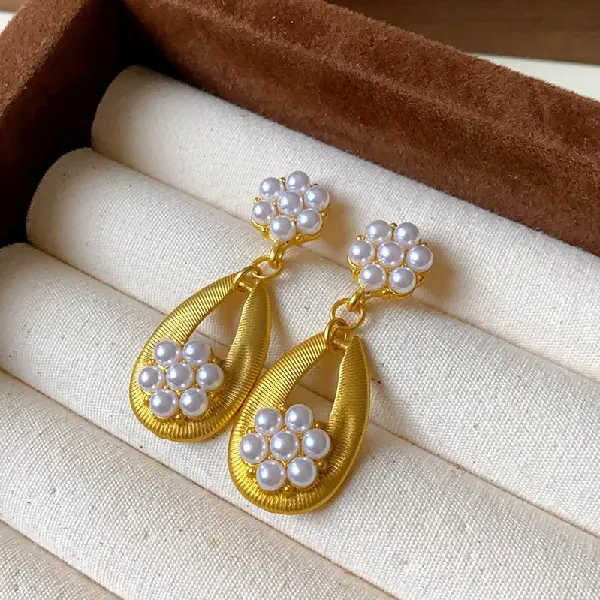 112# Silver Needle-Golden Pearl Flower Geometric Stud Earrings,tkmbeautysupply.com
