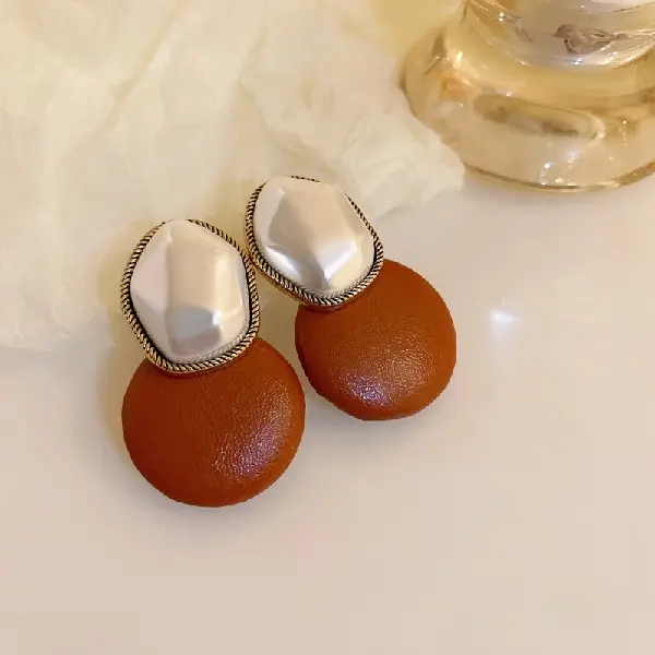 119# Silver Needle-Brown Circle Stud Earrings,tkmbeautysupply.com