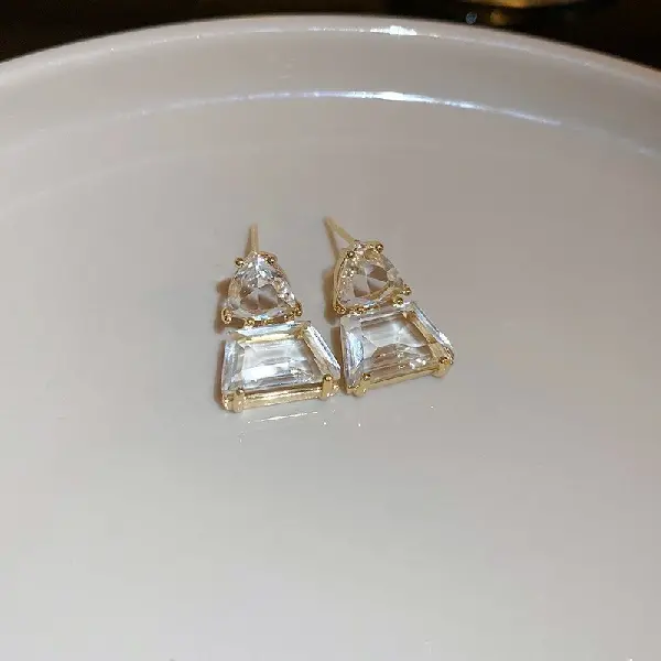 131# silver needle-white trapezoid earrings (real gold plating),tkmbeautysupply.com