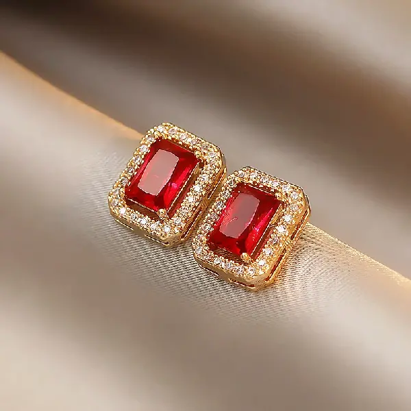137# Silver Needle-Red Square Diamond Stud Earrings,tkmbeautysupply.com