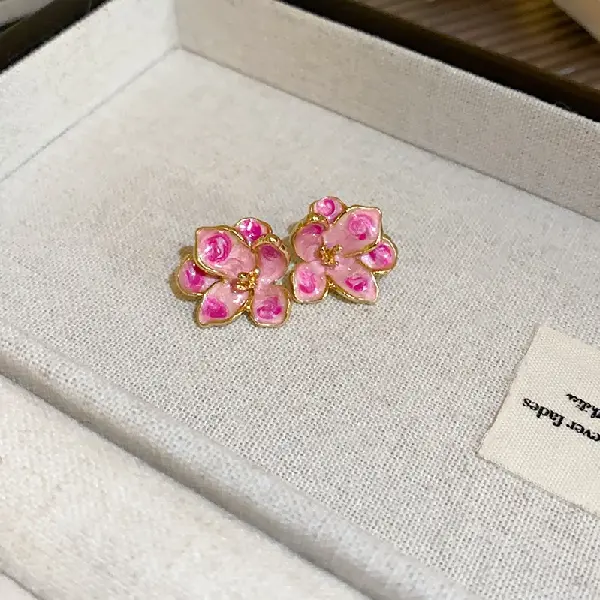 141# Silver Needle-Oil Pink Flower Stud Earrings,tkmbeautysupply.com