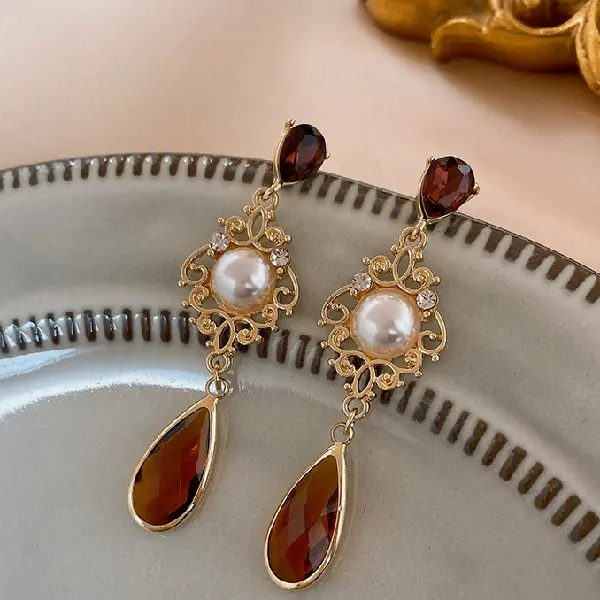 30# silver needle set with diamond drop pearl rhombus pattern earrings,tkmbeautysupply.com