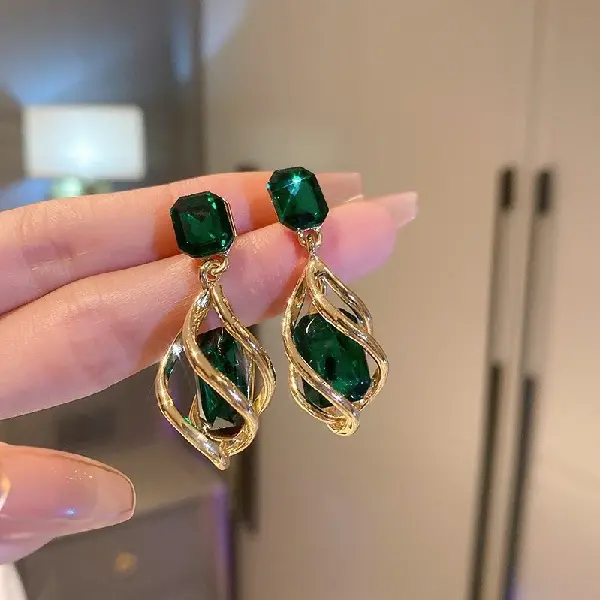 24# silver needle-green-water drop-set with diamonds,tkmbeautysupply.com
