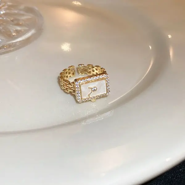 14# zircon square clock chain open ring (real gold plating),tkmbeautysupply.com