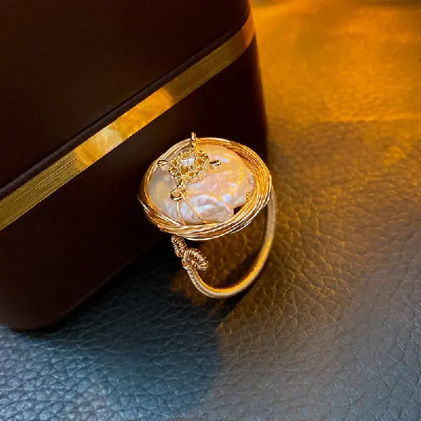 22# real gold electroplated zircon baroque pearl open ring,tkmbeautysupply.com
