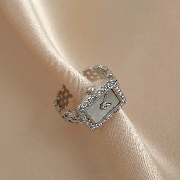 27# real gold electroplated zircon square clock chain open ring,tkmbeautysupply.com