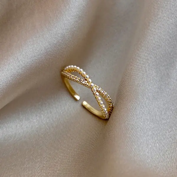 Real gold plated pearl and rhinestone cross ring,tkmbeautysupply.com