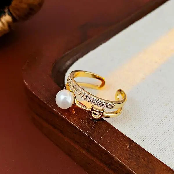 68# zircon pearl double layer ring (real gold plating),tkmbeautysupply.com