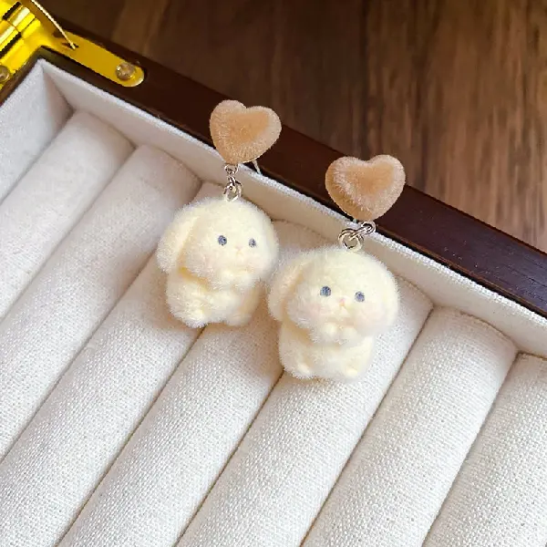 Silver Needle Flocked Rabbit Love Contrast Color Stud Earrings,tkmbeautysupply.com