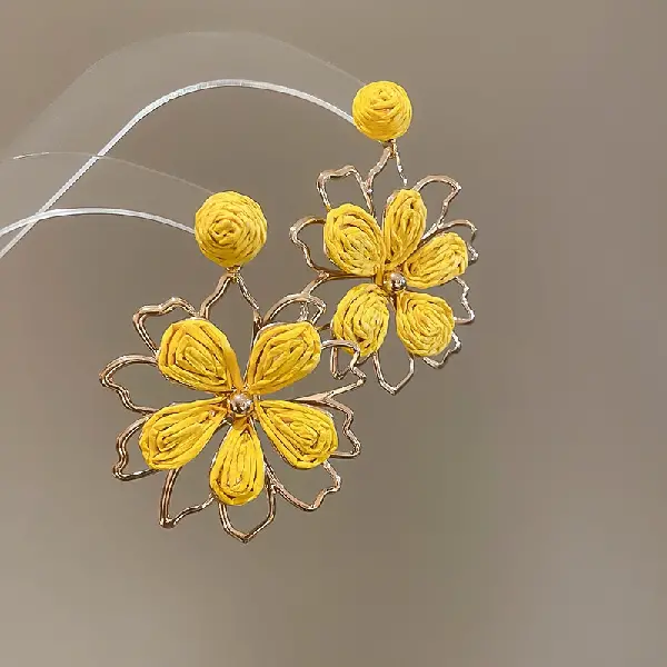 Silver Needle Raffia Hollow Flower Stud Earrings,tkmbeautysupply.com