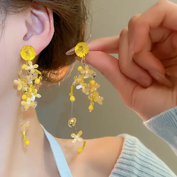 Silver Needle Resin Crystal Tassel Flower Stud Earrings,tkmbeautysupply.com