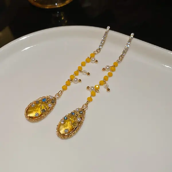 Silver Needle Set Diamond Crystal Pearl Drop Tassel Oval Stud Earrings,tkmbeautysupply.com