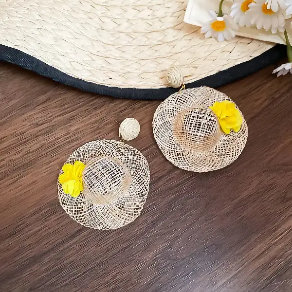 Silver Needle Raffia Rattan Hat Flower Pendant Earrings,tkmbeautysupply.com