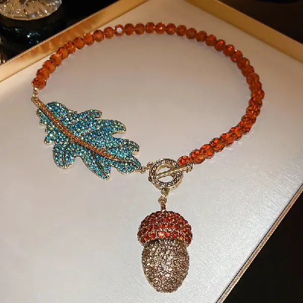 21# Necklace-Diamond Crystal Leaf Pinecone OT Buckle,tkmbeautysupply.com