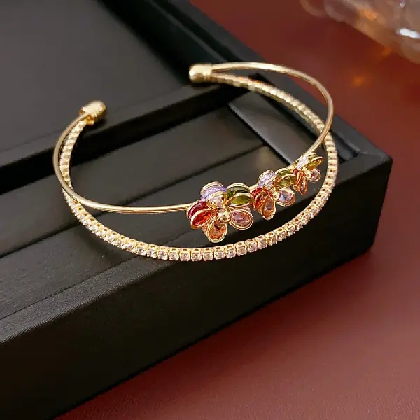 45# gold-flower zircon two-layer open bracelet,tkmbeautysupply.com