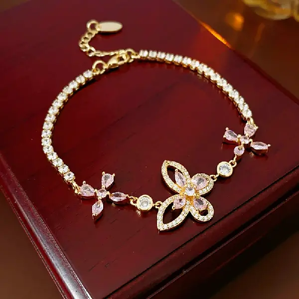 47# Gold-Zircon Butterfly Flower Bracelet,tkmbeautysupply.com