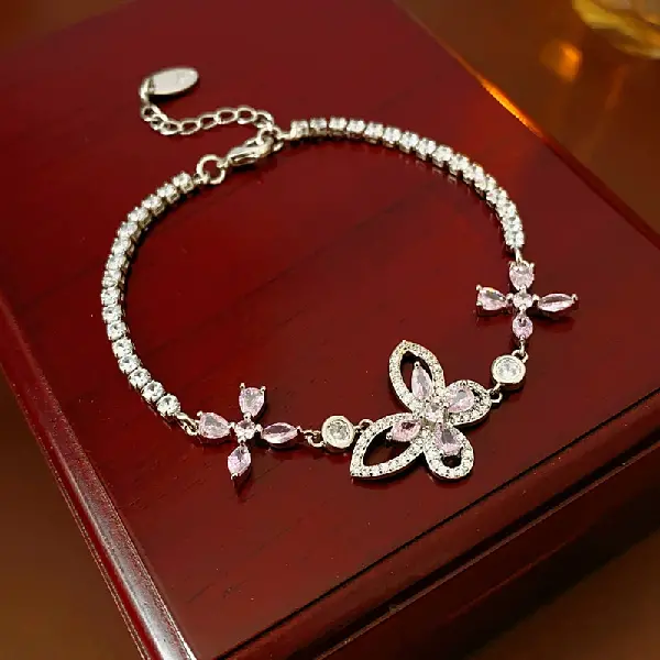 48# Silver-Zircon Butterfly Flower Bracelet,tkmbeautysupply.com