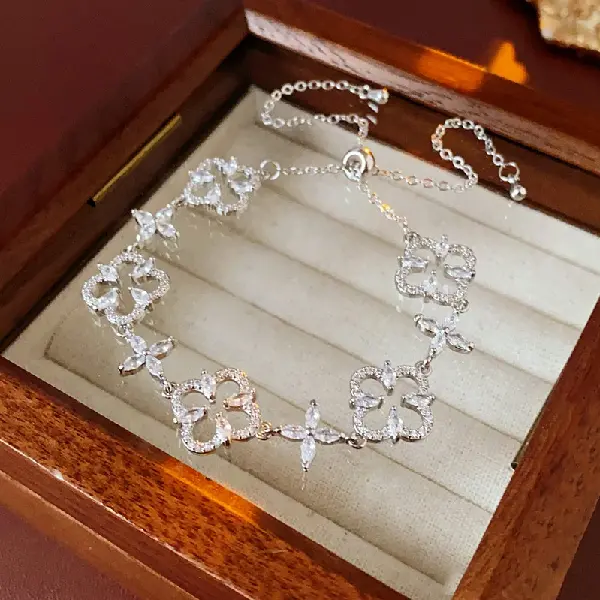55# Silver-Flower Zircon Adjustable Bracelet,tkmbeautysupply.com