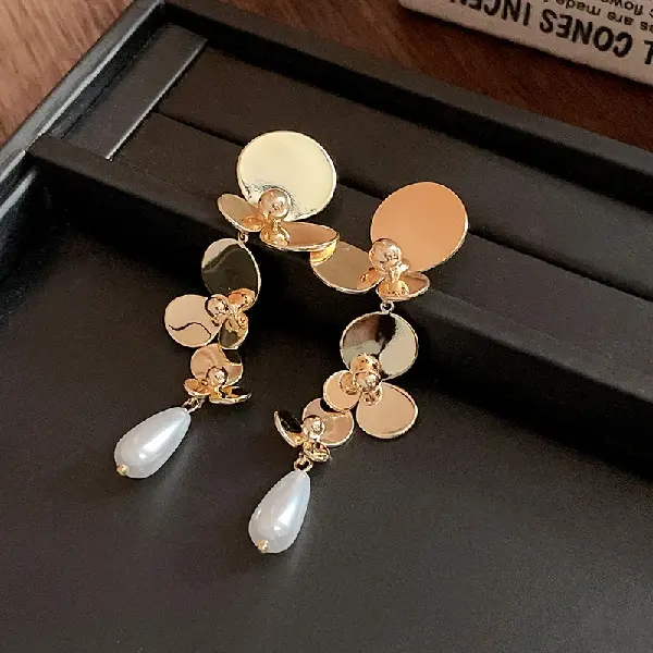 18K real gold electroplated silver needle flower petal pearl tassel earrings,tkmbeautysupply.com