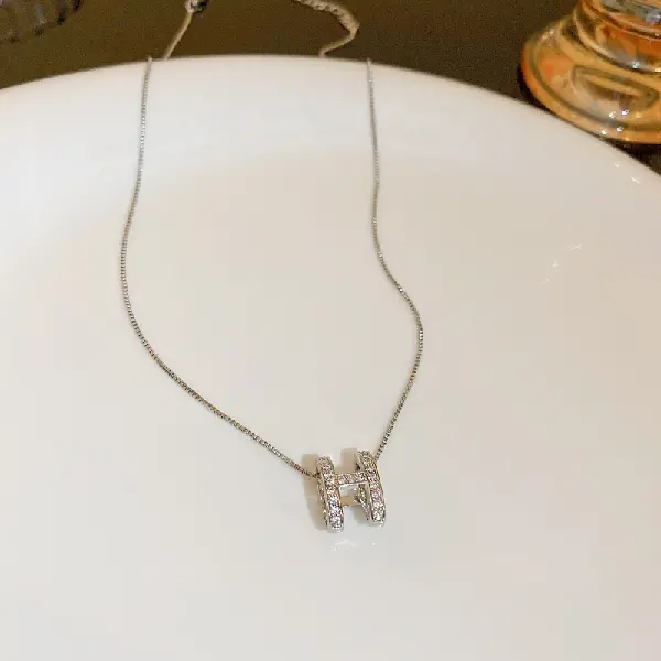 Silver-Zircon Letter H Necklace.,tkmbeautysupply.com