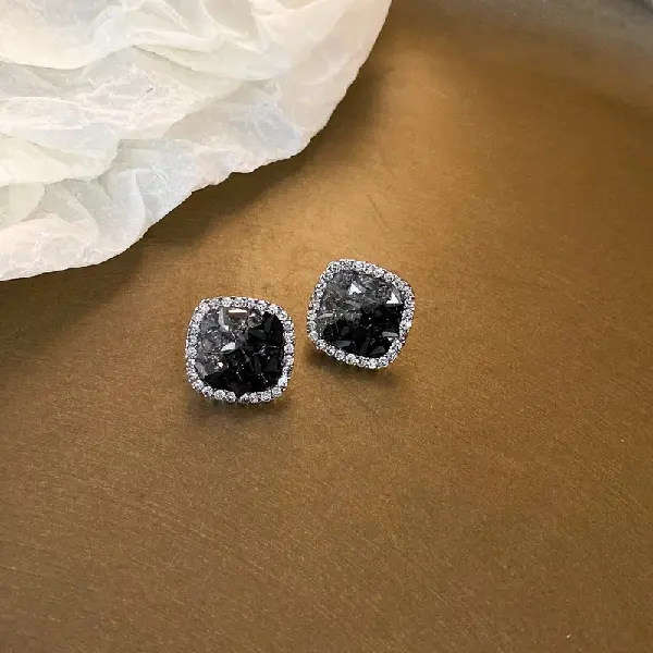 Black-Silver Needle Diamond Crystal Square Stud Earrings,tkmbeautysupply.com