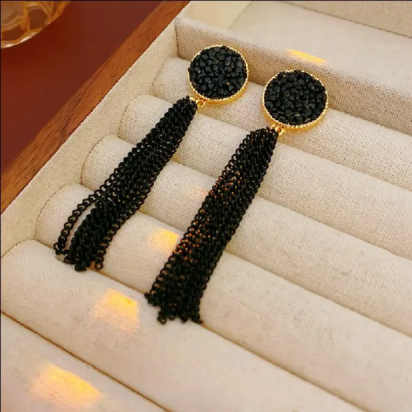 Black - Needle Crystal Circle Chain Tassel Stud Earrings,tkmbeautysupply.com