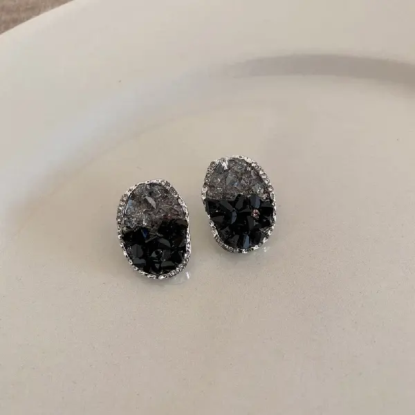 Black-Oval* Silver Needle Irregular Crystal Stud Earrings,tkmbeautysupply.com