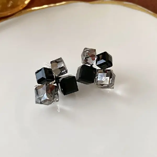 Black-Silver Needle Crystal Irregular Square Stud Earrings,tkmbeautysupply.com
