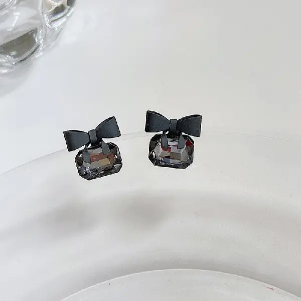 Black-Silver Needle Crystal Bow Stud Earrings,tkmbeautysupply.com